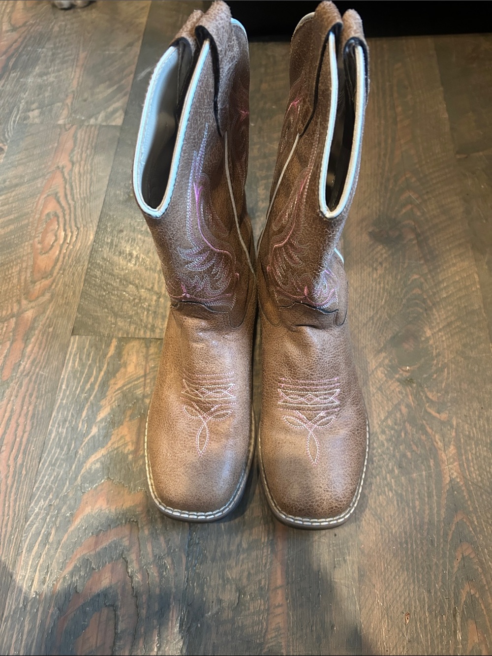 Shyanne Brown Kids Cowboy Boots with Pink Stitching